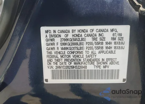 2009 Acura Mdx z USA, uszkodzony, nr VIN 2HNYD28219H522048